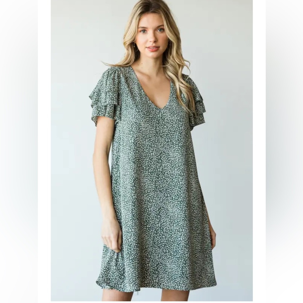 JODIFL Green Floral Ruffle Sleeve V Neck Mini Dress Women's Size S